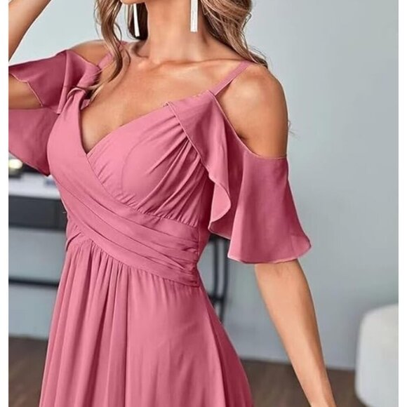 ABC DRESS Flutter-Sleeve Chiffon Formal Gown Maxi-Dress, Coral Pink - Picture 4 of 4